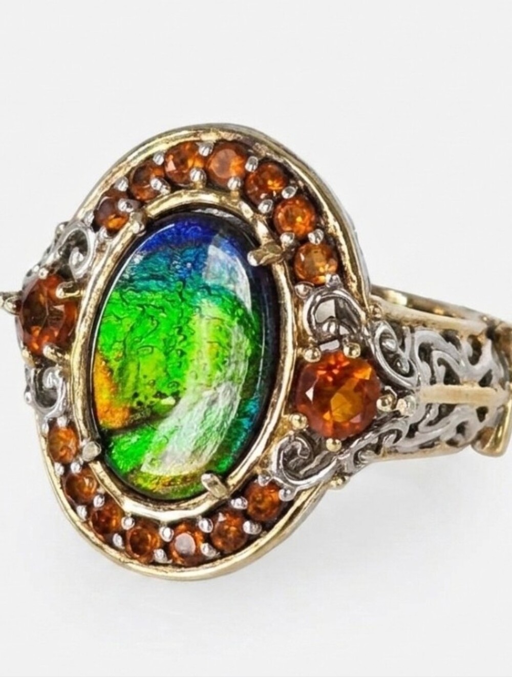 Genuine Ammolite & Spessarite Garnets & Zircon Palladium Sterling Silver Sz 7